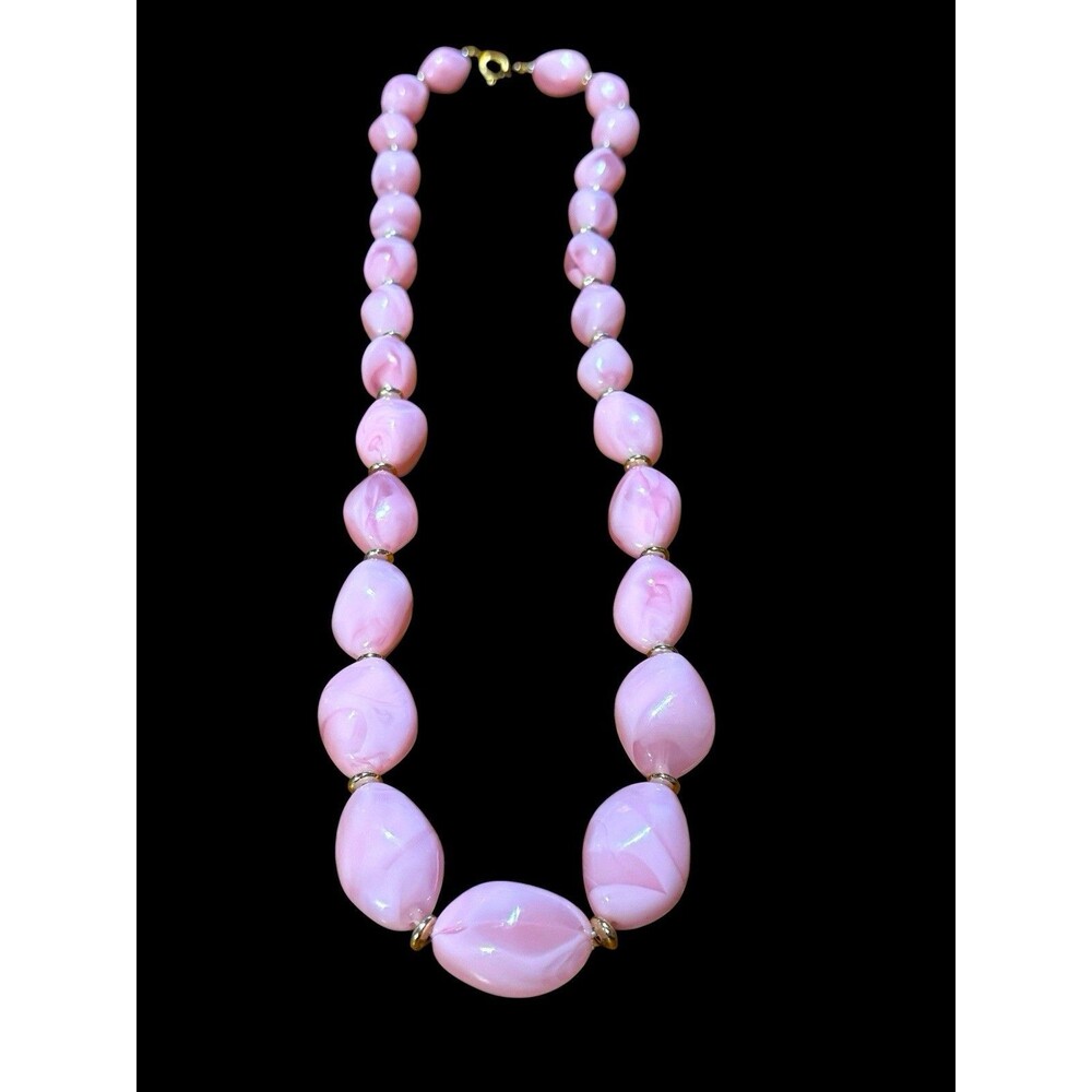 Vintage 1970’s Chunky Pink Marbled Lucite Beaded Necklace 12” Statement